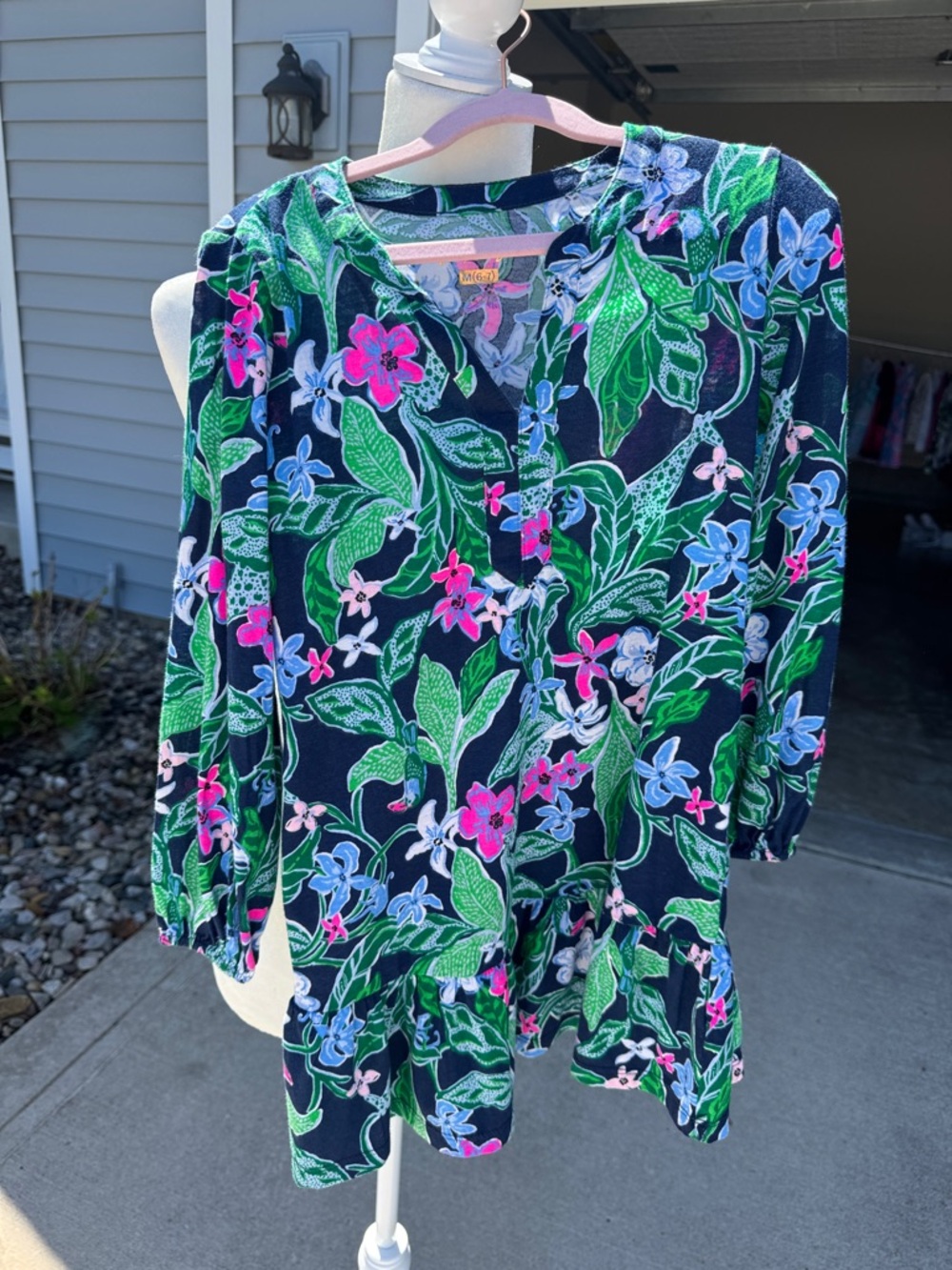 Floral V-Neck Peplum Blouse - Navy with Green, Pink & Blue Flowers